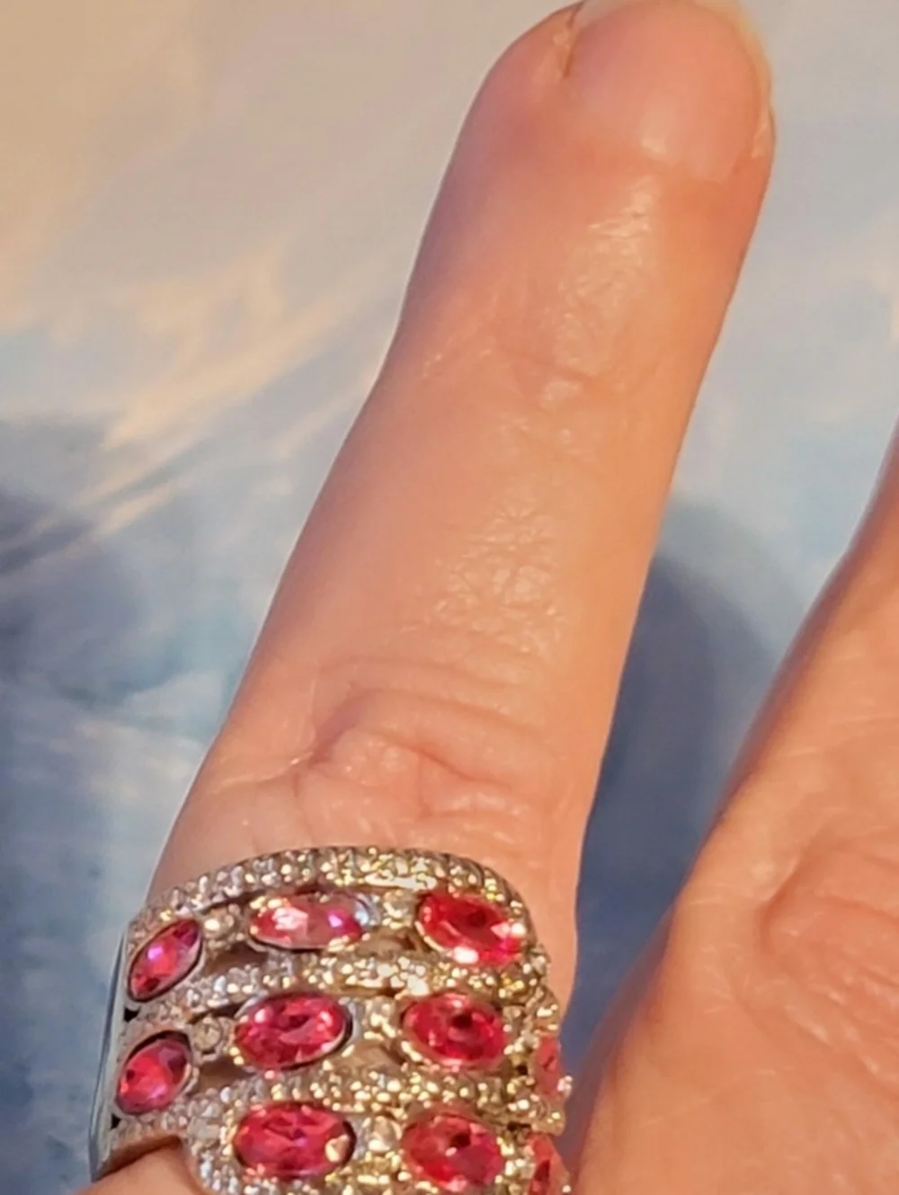 Pink Rhinestone Ring Size 7, Silver-tone Glass Wide Diva Fashion Ring NWOT r-42